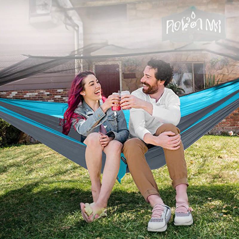 Light double nylon camping hammock with straps. Great for trips, beach, yard & garden.