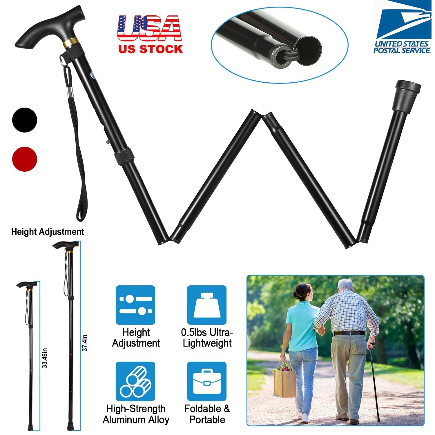 Walking Cane Aluminum Alloy Walking Stick Adjustable Folding Travel Hiking Stick Anti-Slip