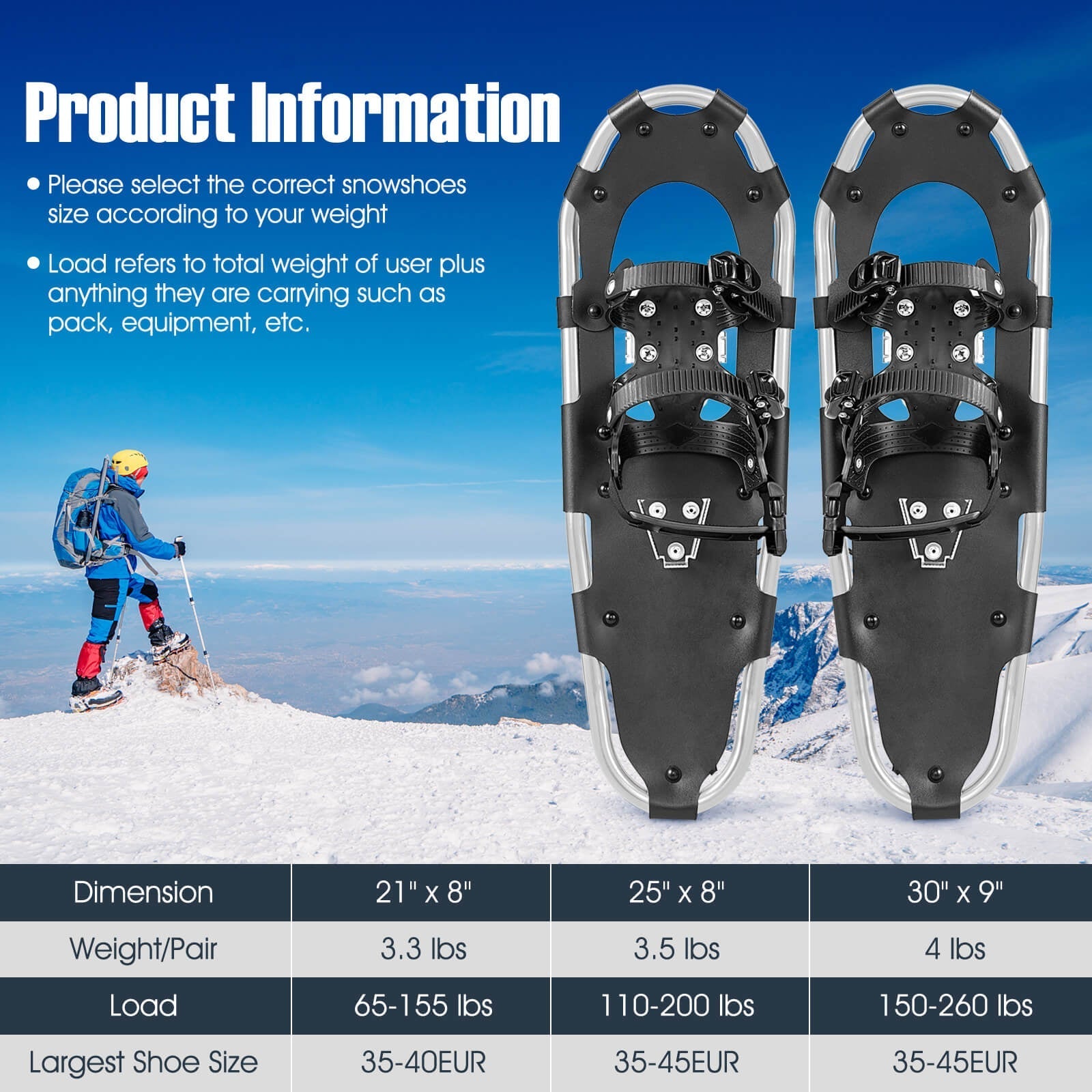 21/25/30 Inch 4-in-1 Lightweight Terrain Snowshoes with Flexible Pivot System