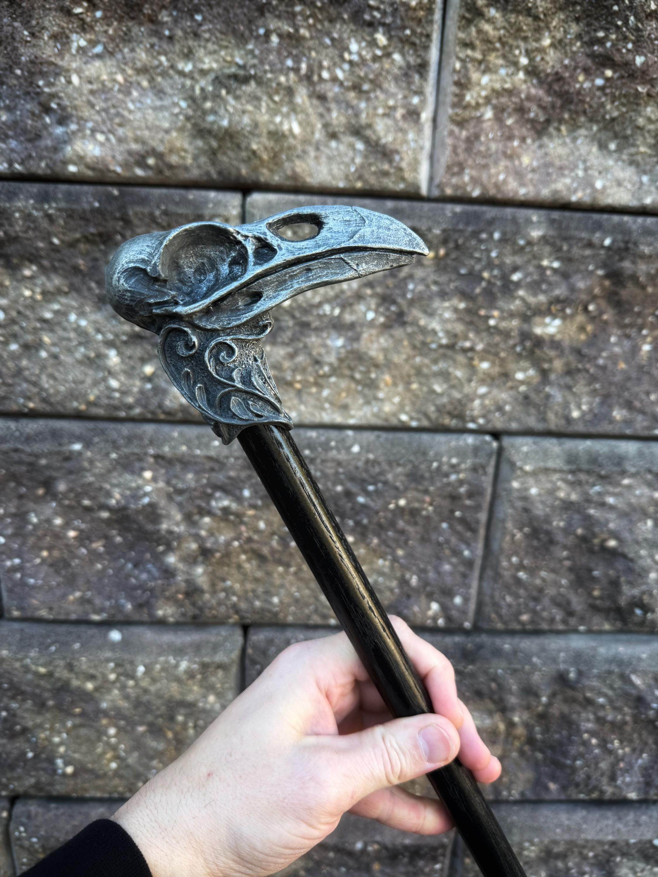 Raven Skull Cane, Hand Sculpted Walking Stick | Dark Victorian Gothic Cane | Fantasy Cosplay | Raven Crow Skull Cane, Gothic Accessory