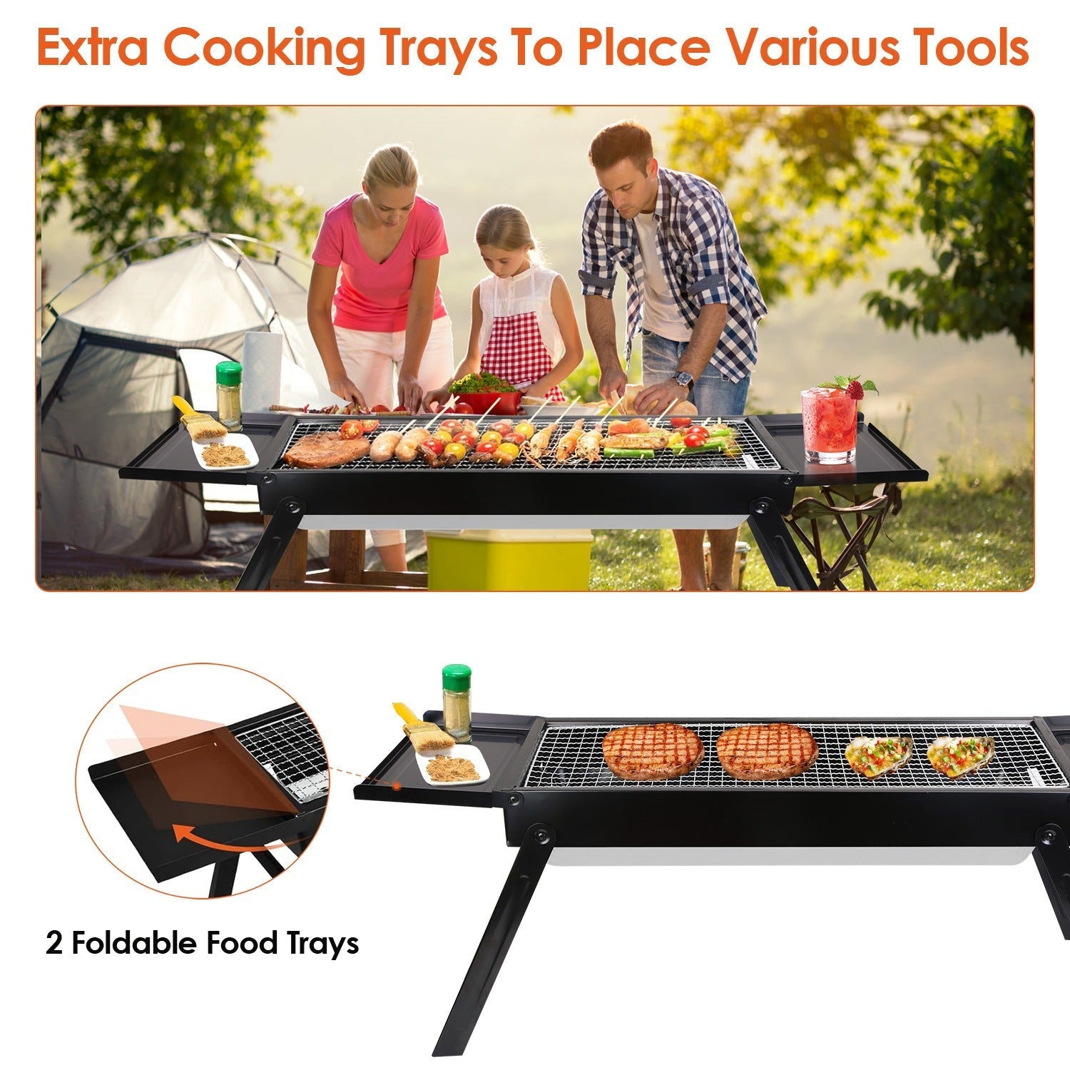 Foldable Charcoal BBQ Grill with Shelf Stainless Steel Grill Net Easy Setup Portable Tabletop Barbecue Grill for Camping Picnic Outdoor Party Backyard