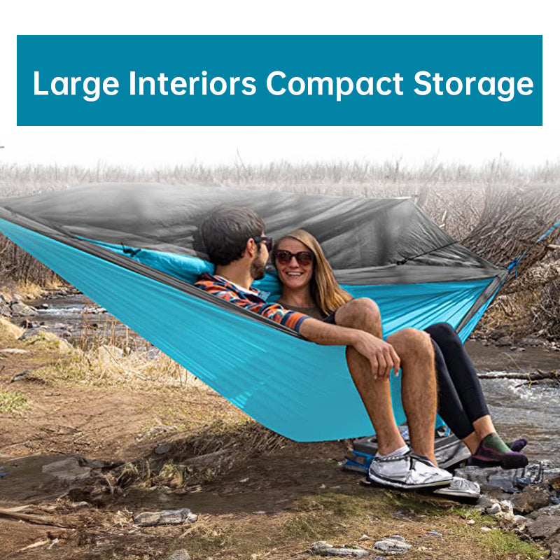 Light double nylon camping hammock with straps. Great for trips, beach, yard & garden.