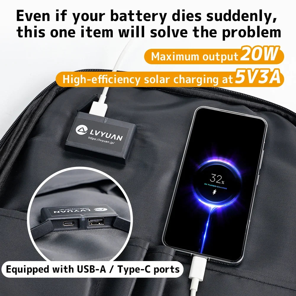 LVYUAN 20W Solar Backpack Portable Solar Charging Backpack USB Type-C Output Outdoor Hiking Camping Travel Laptop Backpack Water Resistant Large Capacity Daypack for Phone Tablet Power Bank Trekking Cycling Fishing